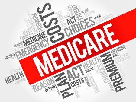 Word cloud collage of Medicare and health insurance terms such as coverage, benefits and enrollment