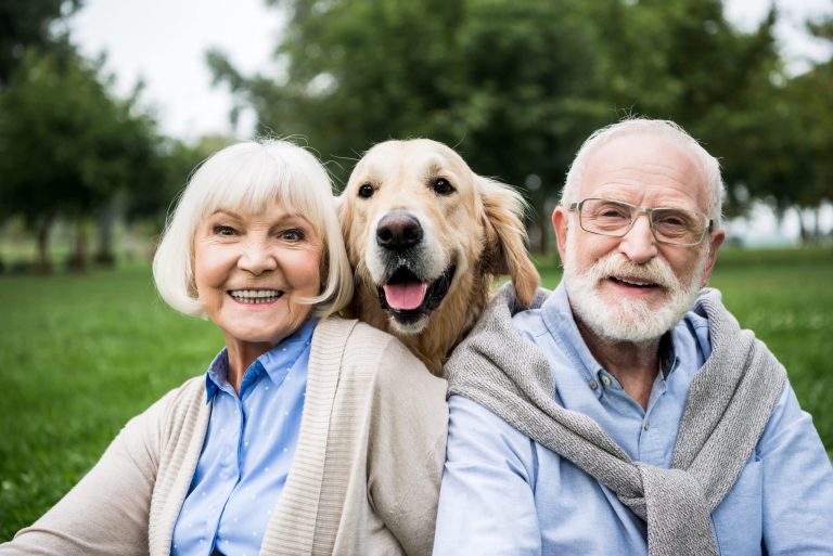 Happy senior couple outdoors in a park with their golden retriever dog